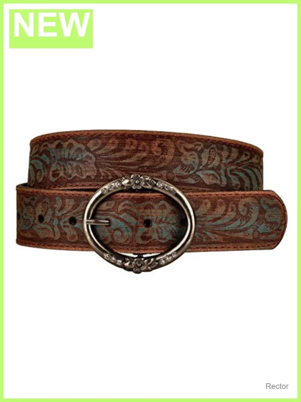 Western Style Full Grain Leather Belt with Rhinestone Ring Buckle